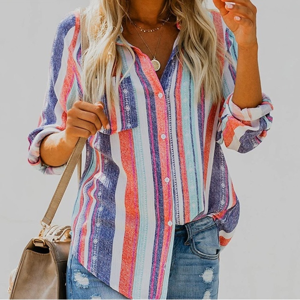 Button Down V Neck Shirts Long Sleeve Blouse Colorful Striped Casual Work large‌